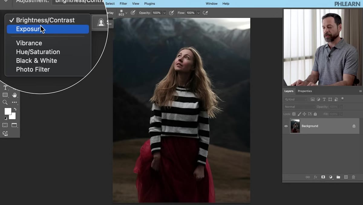 Contextual task bar showing adjustment type options at top of screen