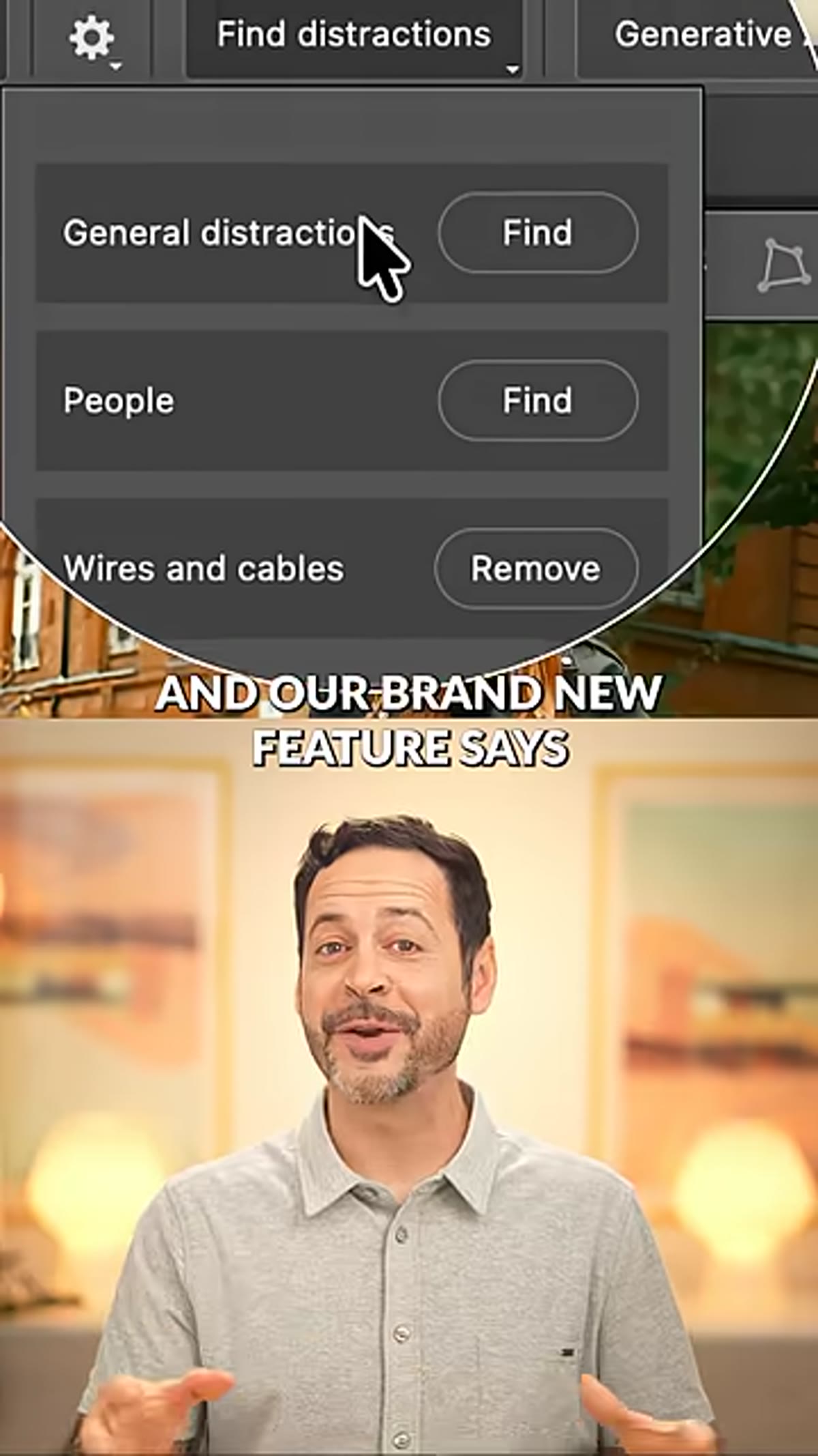 &ldquo;Find Distractions&rdquo; option visible in the Remove Tool options bar