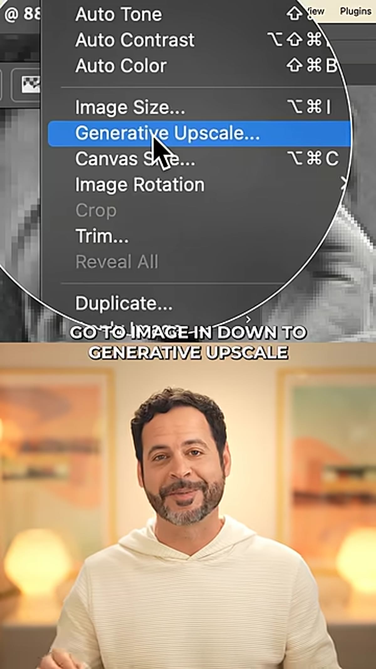 Photoshop Image menu open with Generative Upscale highlighted