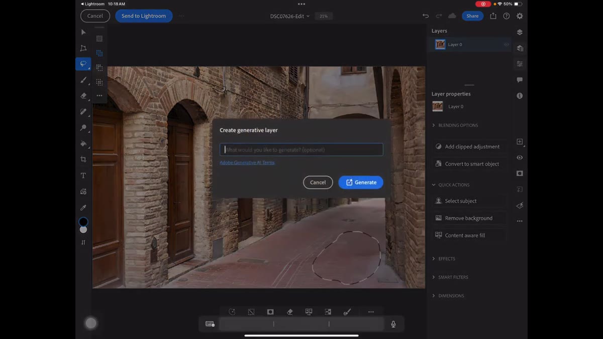 Generative Fill option visible in contextual task bar at bottom