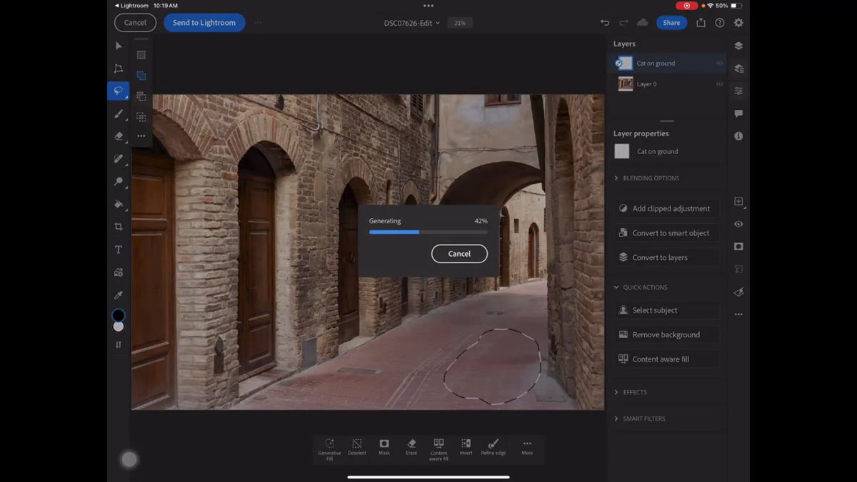 Generate button tapped, processing begins in Photoshop iPad