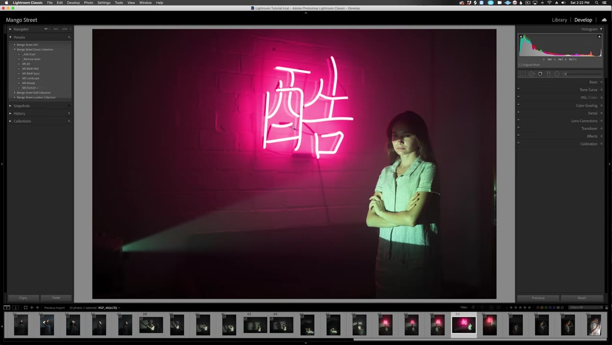 Develop module open with preset applied across multiple selected images
