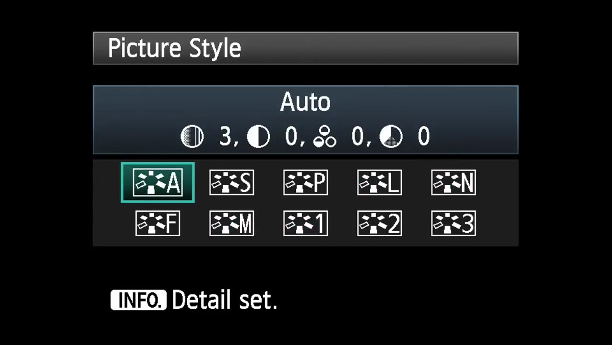 Canon picture styles list: Auto, Standard, Portrait, Landscape, Neutral, Faithful, Monochrome