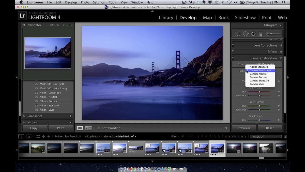 Camera calibration panel open in Lightroom&rsquo;s Develop module