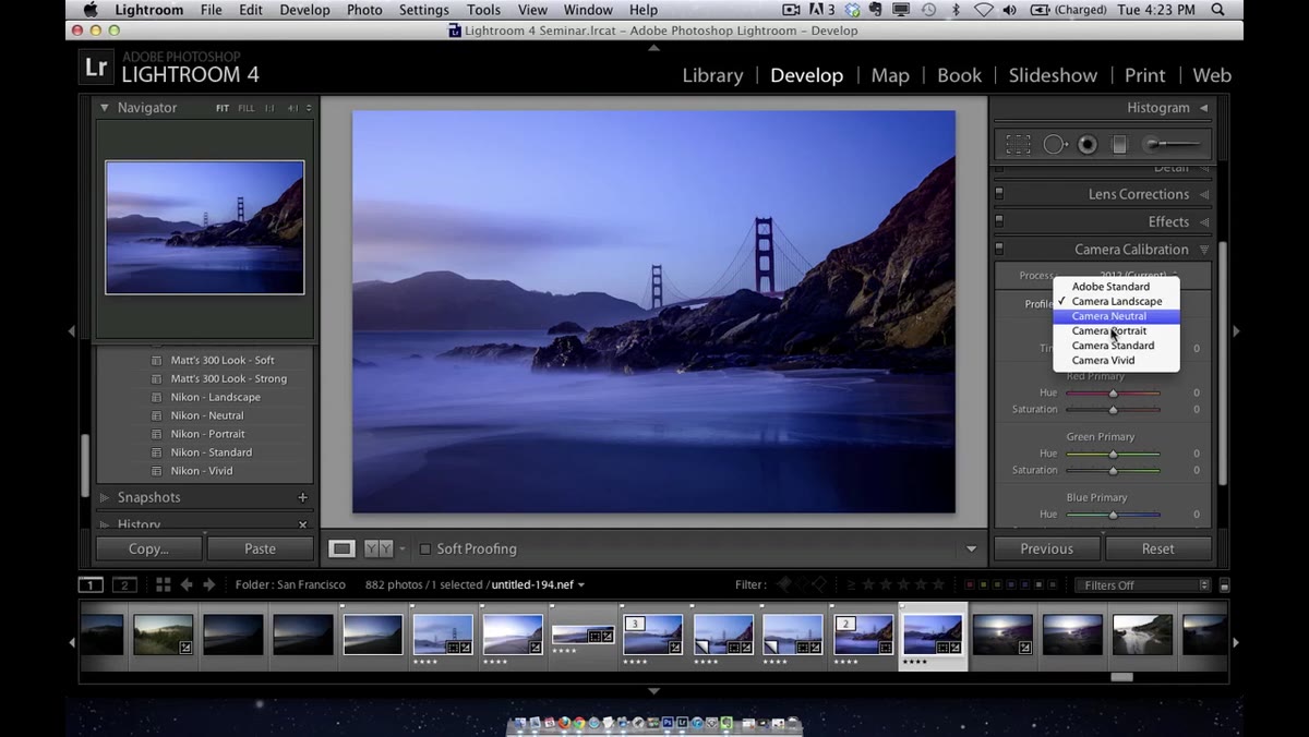 Profile dropdown showing camera-specific options like Landscape, Portrait, Vivid