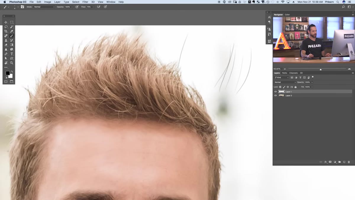 Multiple hair strokes painted across hairline edge