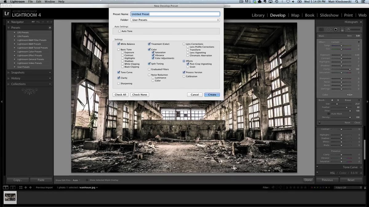 Create Preset dialog with no Adjustment Brush option visible