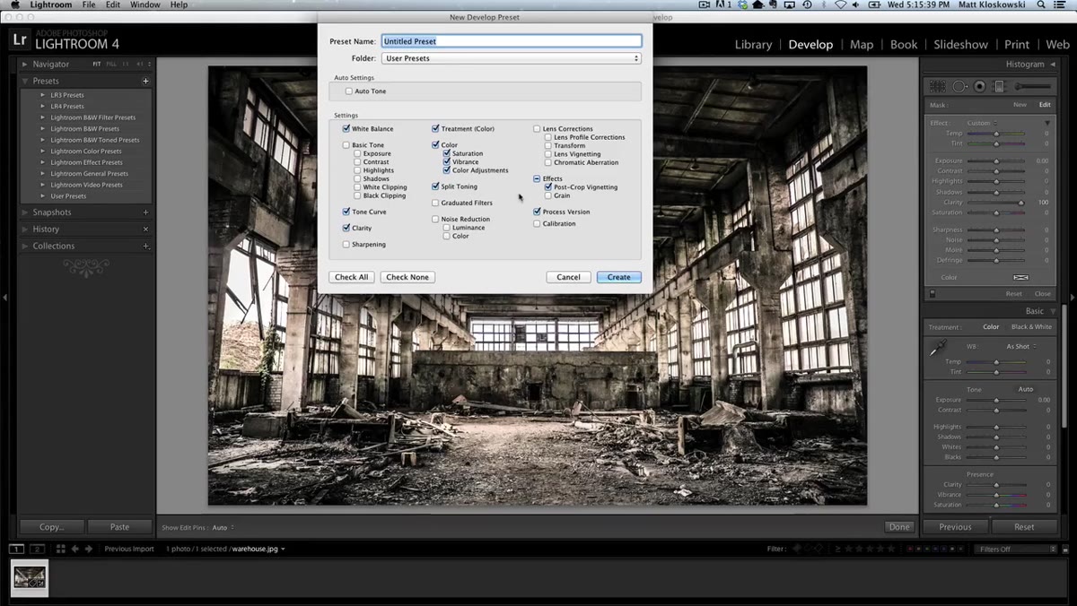 Create Preset dialog with Graduated Filters checkbox checked