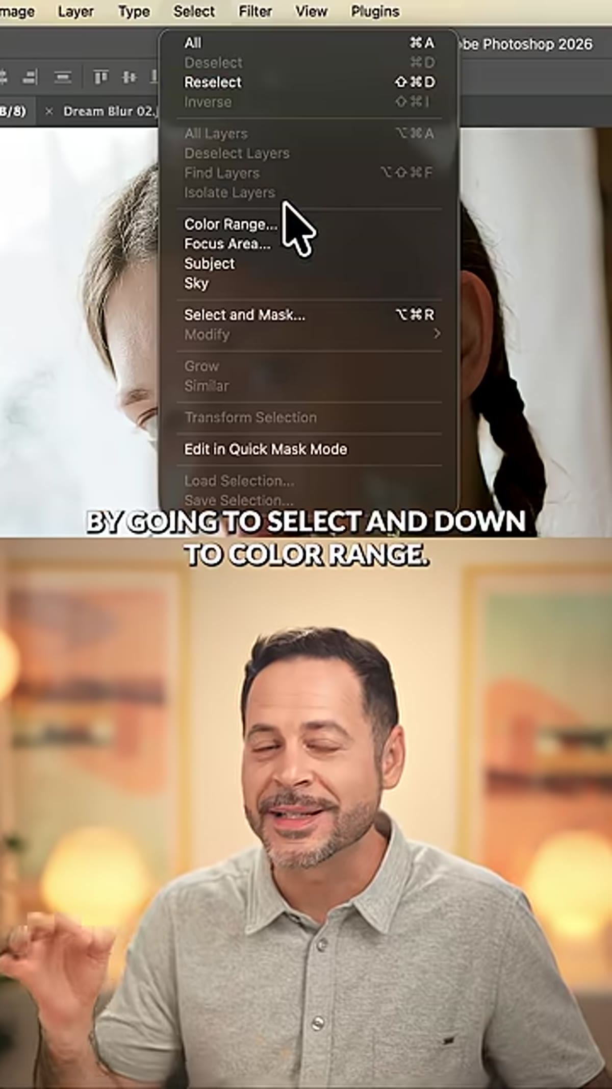 Color Range dialog open with Highlights selected in dropdown