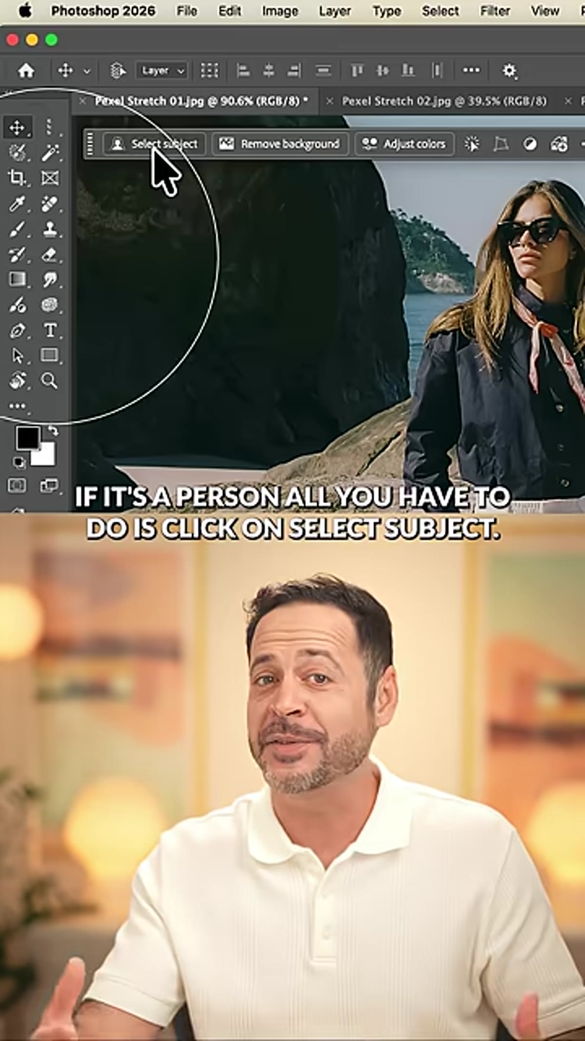 Select Subject button being clicked in Photoshop toolbar