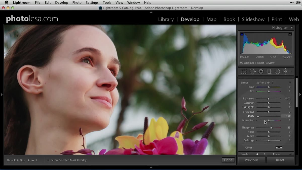 Soften Skin preset selected showing negative Clarity and slight Sharpness values