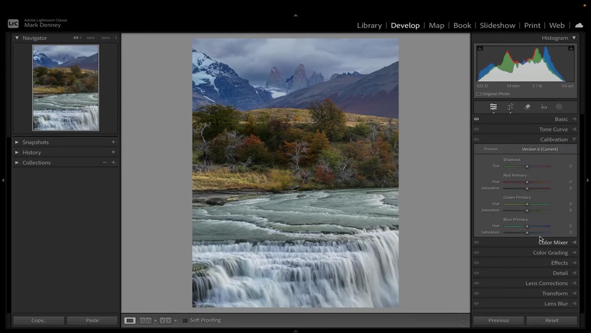 Blue Primary hue and saturation boosted in Calibration panel