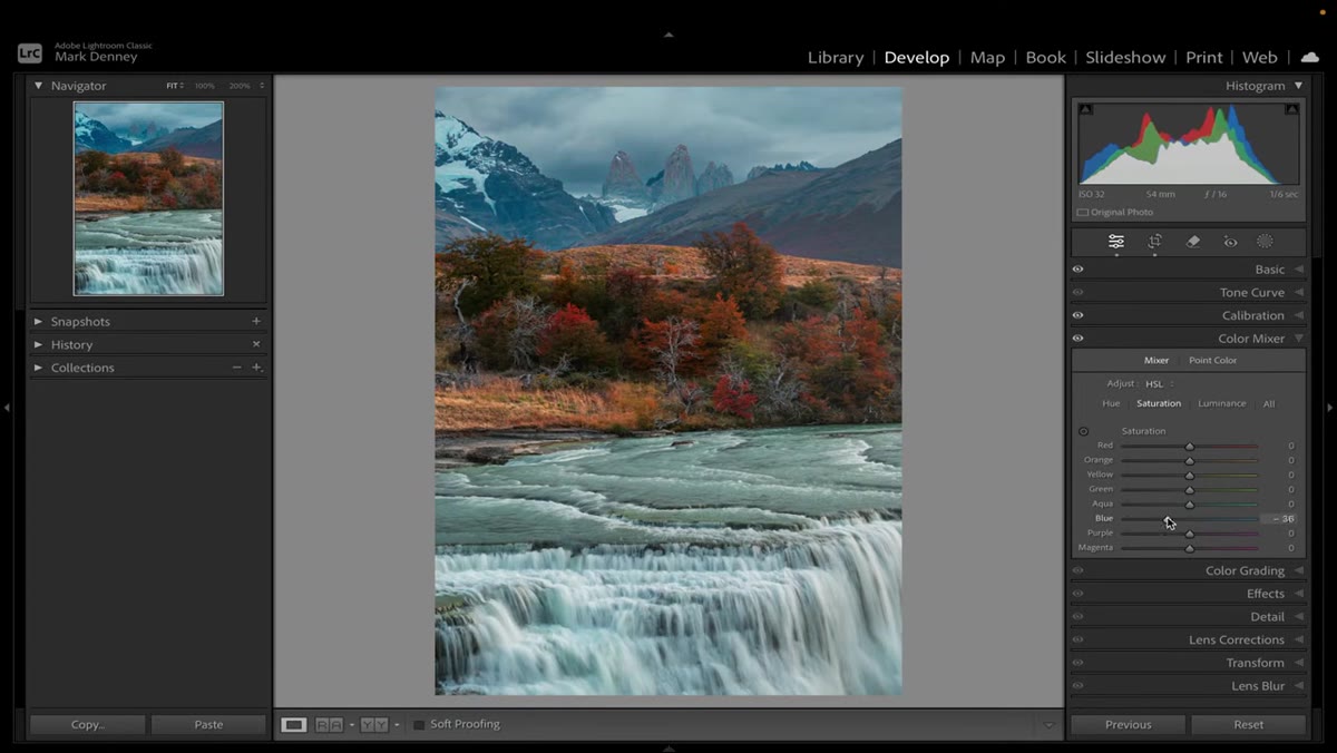 Blue saturation reduced significantly in HSL Saturation panel